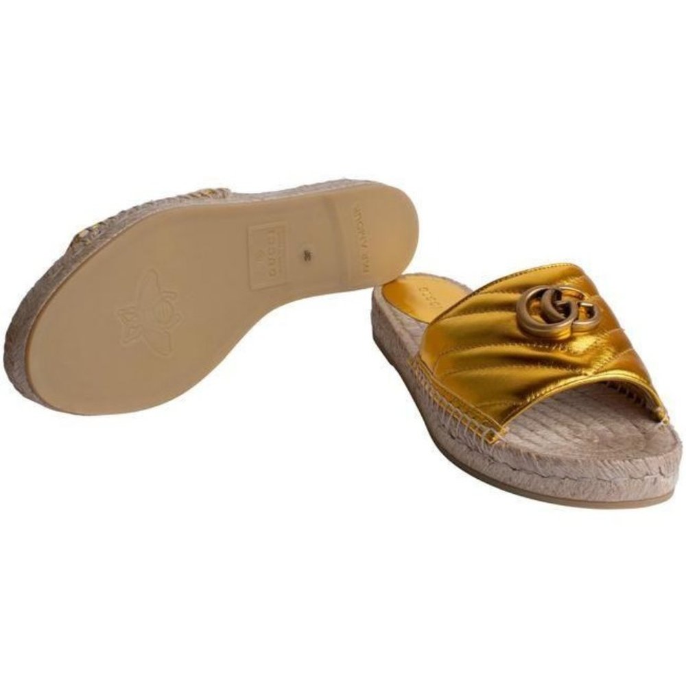 Gucci Gold Metallic Leather Espadrilles Sandals Si